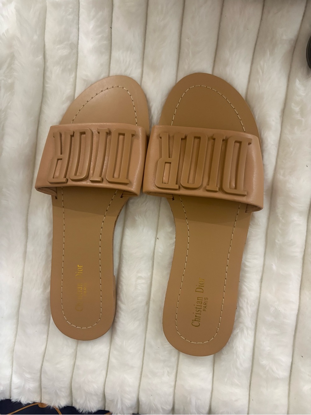 & Other Stories Tan Embossed Logo Slide Sandals